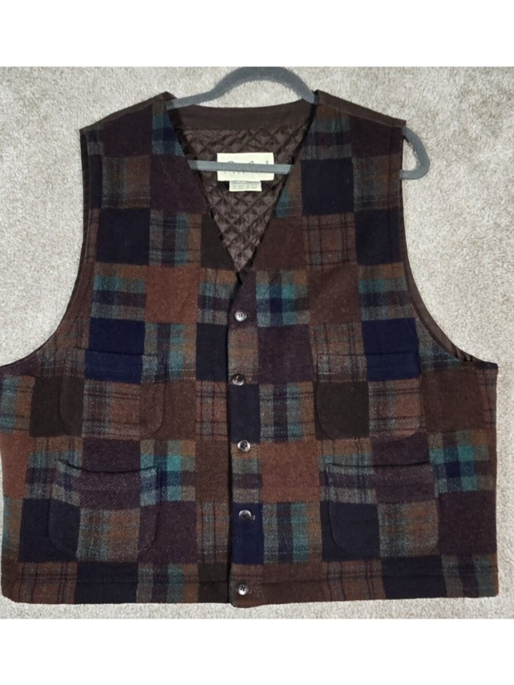 Eddie Bauer Vtg Wool Vest Button Up Patchwork Plaid Thinsulate Outdoor Men's L